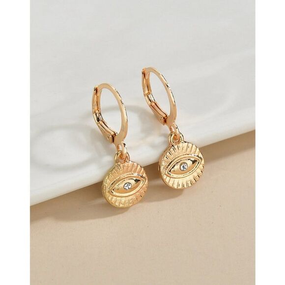 Small Gold Eye Dangle Earrings With Rhinestone‎ Accent Hippie Spiritual Cute - Picture 2 of 2